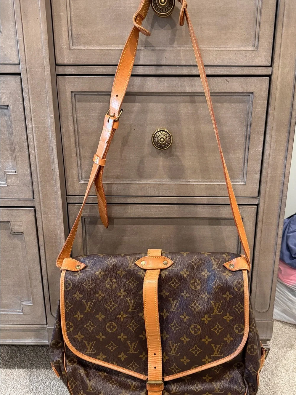 Louis Vuitton Monogram Canvas Messenger Bag with Tan Trim